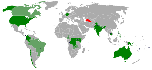 A map of the location of Baháʼí Houses of Worship worldwide as of 2025; dark green represents countries that currently have a House of Worship, red represents countries where a House of Worship once existed but no longer does, and light green represents countries where a House of Worship is planned or under construction; black dots indicate the location of completed Houses of Worship, while hollow black dots indicate the location of Houses of Worship that are planned or under construction.