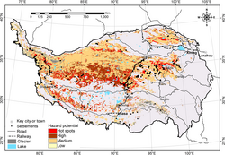 Detailed map of Qinghai–Tibet Plateau infrastructure at risk from permafrost thaw under the SSP2-4.5 scenario.