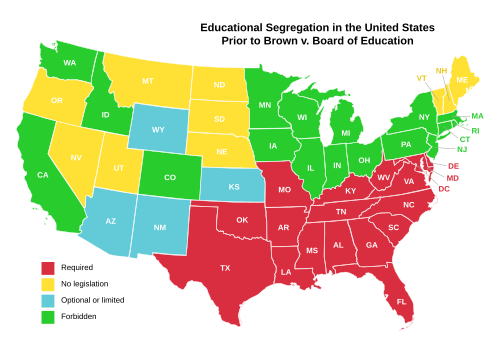 Educational segregation in the US prior to Brown. Racial segregation was required throughout the states in the Southern United States (in red). Kansas where Topeka is located allowed a local option for school districts to enforce segregation (blue).