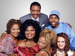 The Parkers main characters of Seasons 1B–5 with Jenna von Oÿ and Ken Lawson becoming regulars and the addition of Yvette Wilson (replacing Mari Morrow) joining the cast: (l-r) Professor Oglevee, Thaddeus "T" Radcliffe (back row), Andell Wilkerson, Nikki Parker, Kim Parker and Stevie Van Lowe (front row)
