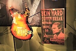 Bottom half of guitar smashed by Kurt Cobain, displayed at MOPOP