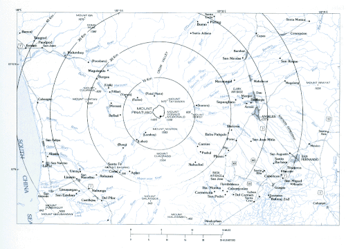 A map of Mount Pinatubo showing nearby peaks and the evacuation zones.