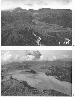 A before-and-after photograph of a river valley filled in by lahars from Mount Pinatubo