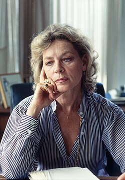 Bacall c. 1979 with the manuscript for her book, Lauren Bacall, By Myself