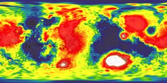 Mars Bouguer gravity map, produced along with GMM-3 gravity solution in 2016[13](Red: gravity high; Blue: gravity low) (Credit: NASA's Scientific Visualization Studio)