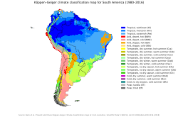 Map showing Köppens climate classification for South America. The arid diagonal can be seen in the form of the almost contiguous zone of BWh and BWk climate (red and pink on this map) running from Ecuador to Southern Patagonia.