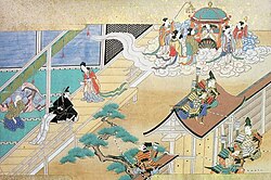 Kaguya Hime and Heavenly beings descend, depiction c. 1650