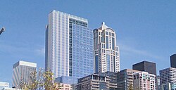 Washington Mutual's last headquarters, the WaMu Center, now the Russell Investments Center, (center left), and its prior headquarters, Washington Mutual Tower, now the 1201 Third Avenue Tower