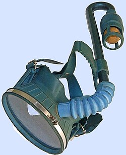 Spearfishing mask with single integrated breathing tube manufactured during the 1950s by the United Service Agency based in the French city of Nice.