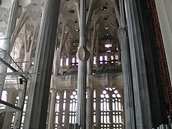 The interior of the Sagrada Familia, constructed of reinforced concrete to a design by Antoni Gaudí