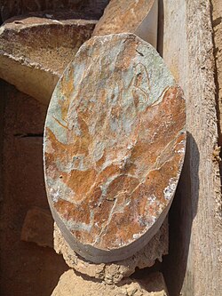 Green and reddish brown stains on a limestone core sample, respectively corresponding to oxides/hydroxides of Fe2+ and Fe3+.