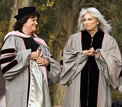 Accompanied by Linda Ronstadt, Harris receives an honorary doctorate from the Berklee College of Music, 2009.