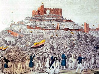 Procession to Hambach Castle, lithograph about 1832. The flag used by the procession would later become the German flag but with the colours in a different order.