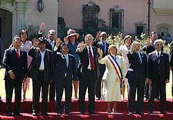 Bachelet waving with other leaders at the inauguration ceremony in Valparaíso