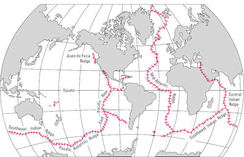 World distribution of mid-oceanic ridges