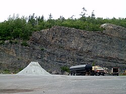 Goldenville strata in quarry in Bedford, Canada. These are Middle Cambrian marine sediments. This formation covers over half of Nova Scotia and is recorded as being 8,800 m (29,000 ft) thick in some areas.