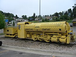 A compressed air locomotive by H. K. Porter, Inc., in use at the Homestake Mine between 1928 and 1961