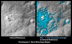 These images show a very young lunar crater on the side of the Moon that faces away from Earth, as viewed by Chandrayaan-1's NASA Moon Mineralogy Mapper equipment