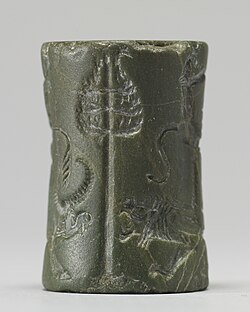 "Cylinder Seal with King or God and Vanquished Lion" (Old Akkadian).[88] The Walters Art Museum.