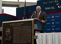 Armstrong gives an acceptance speech after being inducted into the Naval Aviation Hall of Honor at the National Naval Aviation Museum in Pensacola, Florida.
