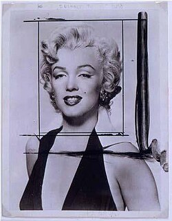 Publicity photo of Marilyn Monroe for Niagara (1953), with reframing lines by Warhol. This was used as the basis for Warhol's portraits of Monroe.