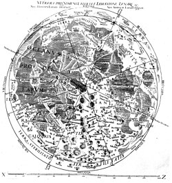 Map of the Moon from Giovanni Battista Riccioli's Almagestus (1651). Riccioli established modern names of lunar maria.