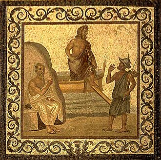 Mosaic on the floor of the Asclepieion of Kos, depicting Hippocrates, with Asklepius in the middle (2nd–3rd century)