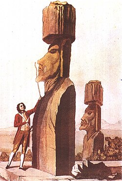 Jacob Roggeveen analyzing a Moai statue, 18th-century engraving