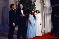 Betty and Gerald Ford with King Hussein and Queen Alia of Jordan at the first state dinner of Gerald Ford's presidency on August 16, 1974
