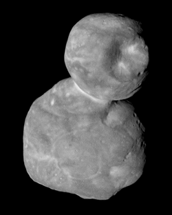 New Horizons grayscale image of Arrokoth, its surface likely covered in organic compounds.[120] So far, it is the only Kuiper belt object besides Pluto and its satellites to be visited by a spacecraft.