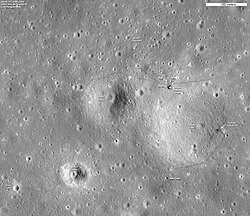 Aerial view of Statio Cognitum of Apollo 12; the Lunar Module descent stage, Surveyor 3, and other equipment and local craters are labeled (click to enlarge). The astronauts' footprints are still visible.