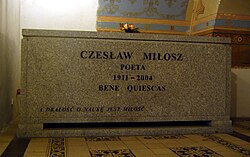 Miłosz's sarcophagus. The Latin inscription reads "May you rest well"; the Polish inscription reads "The cultivation of learning, too, is love."