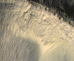 Images from HiRISE showing the appearance of dark marks on the floor of Valles Marineris. Images taken at various times in the year.