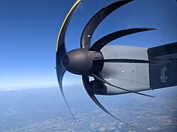 A de Havilland Canada Dash 8 Q-400 six-blade propeller, with severe rolling shutter distortion from a Pixel 3 camera