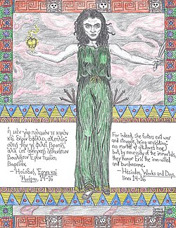 Pencil illustration of Eris, the Greek goddess of discord, drawn by Spencer Alexander McDaniel in June 2020. She holds the golden apple inscribed “τῇ καλλίστῃ” and a xiphos, with a passage from Hesiod’s Works and Days shown in Greek alongside an English translation.