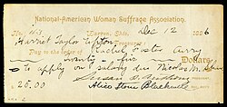 Susan B. Anthony and Alice Stone Blackwell signed NAWSA check, written by the group's treasurer Harriet Taylor Upton.