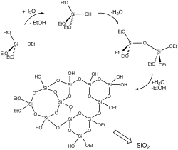 Simplified representation of the condensation induced by hydrolysis of TEOS