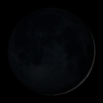 A simulated image of the traditionally defined new Moon: the earliest visible waxing crescent (lower right), which signals the start of a new month in many lunar and lunisolar calendars.[1] At new moon, mostly earthlight illuminates the near side of the Moon.[a]