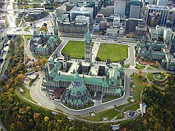 Aerial view of Canadian Parliament Buildings and their surroundings