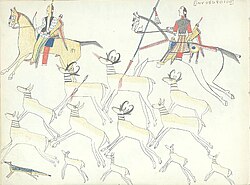 Ledger drawing of mounted Kiowa hunters hunting pronghorn antelope with bows and lance, c.1875–1877.