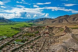The old town of Gyantse and surrounding fields.