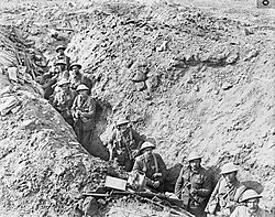 Infantry from the 2nd Battalion, Auckland Regiment, New Zealand Division in the Switch Line near Flers, taken some time in September 1916, after the Battle of Flers-Courcelette