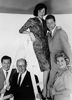 Dick Van Dyke Show cast: Morey Amsterdam, Richard Deacon, Moore, Dick Van Dyke, and Rose Marie, 1962