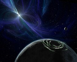 Artist's impression of the pulsar PSR 1257+12's planetary system.