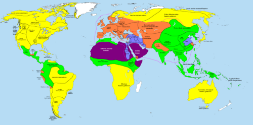 Overview map of the world at the end of the 2nd millennium BC, color-coded by cultural stage: hunter-gatherers (Palaeolithic or Mesolithic) nomadic pastoralists simple farming societies complex farming societies (Bronze Age Old World, Olmecs, Andes) state societies (Fertile Crescent, Egypt, China)