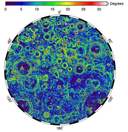 Degree of the slopes found within 15 degrees of the south pole of the Moon