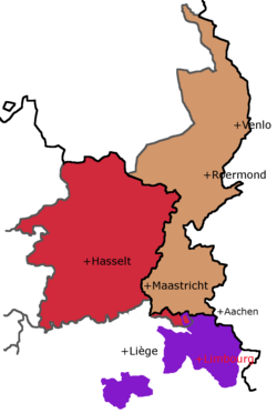 Map showing the two contemporary provinces called Limburg (the red one in Belgium, and the brown one in the Netherlands), as well as the medieval Duchy they are both named after. Only the villages of Teuven and Remersdaal in Voeren, part of modern Belgian Limburg only since 1977, were in both modern and medieval Limburg.