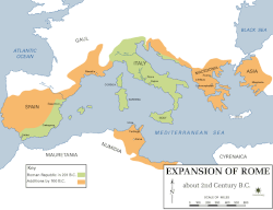 Expansion of Rome from 200 BC (green) to 100 BC (orange).