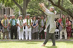 Hula being performed during a ceremony at ʻIolani Palace where the Navy returned control of Kahoʻolawe to the State of Hawaii in 2003