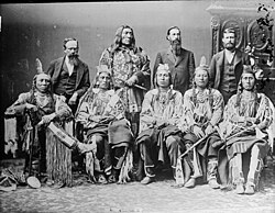 Delegation of important Crow chiefs, 1880. From left to right: Old Crow, Medicine Crow, Long Elk, Plenty Coups, and Pretty Eagle.